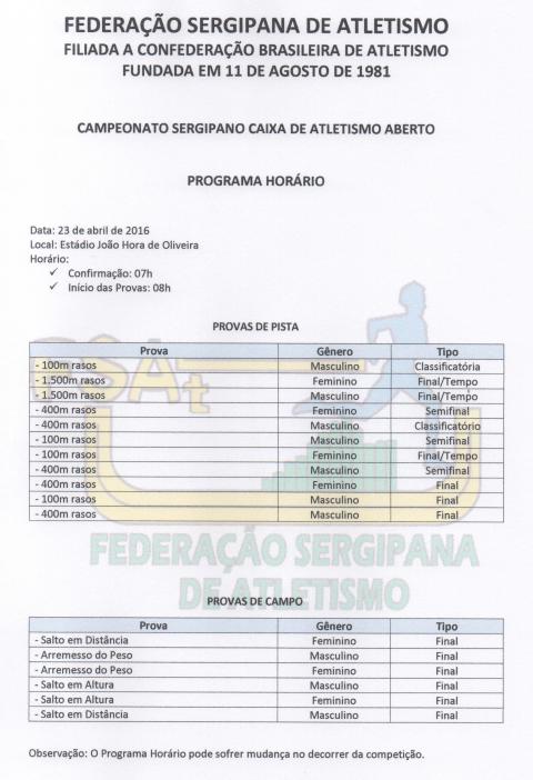 Programa Horário - Campeonato Sergipano Aberto de Atletismo